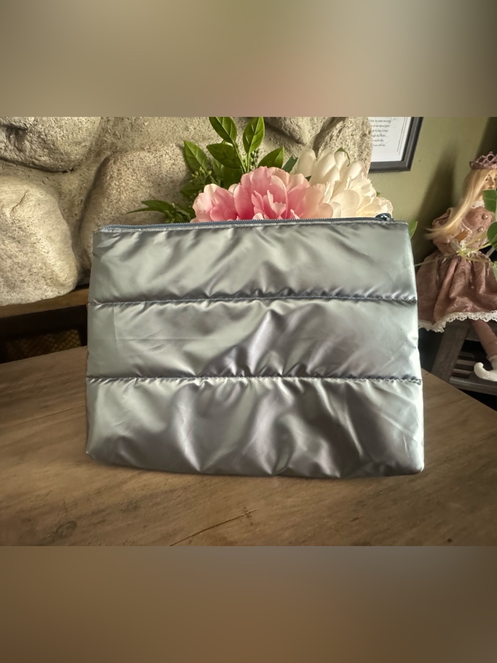 NWOT Shiny Quilted Puffer Cosmetic Bag — Silver Blue